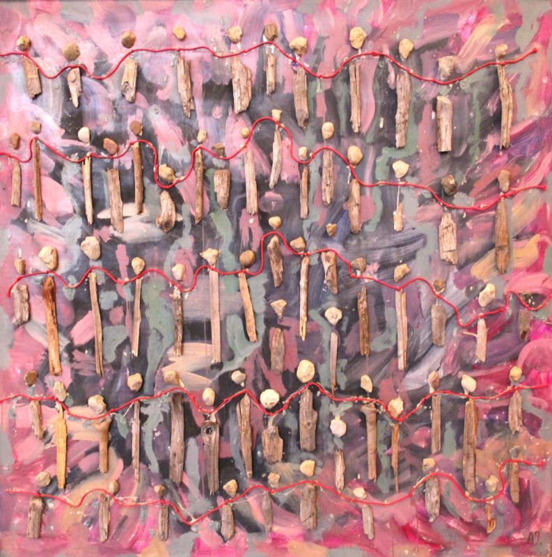 Algirdas Judickas. STAGNACIJA. 2015. Kartonas, akrilas, medis, akmuo. 150 x 150 cm